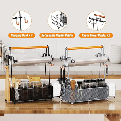 PHINOX Utensil Caddy, Silverware Condiment Caddy, Utensil Holder for Party, Picnic Flatware Caddy with Handle and Paper Towel Roll Holders, Utensil Cutlery Caddy for Camping, Kitchen