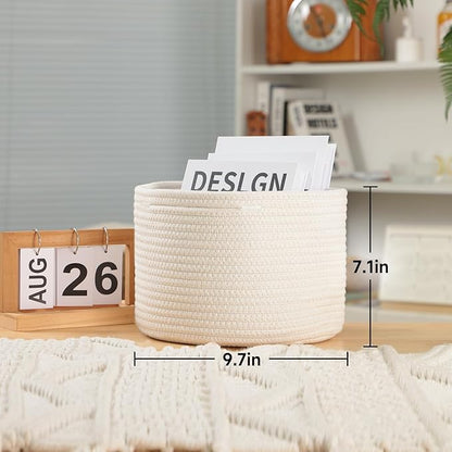 MiniArk Small Basket for Organizing | Cube Shelf Closet Storage Baskets | 9.7×9.7×7.1” | Woven Rope Gift Basket | Nursery | Round 3 Packs Off White