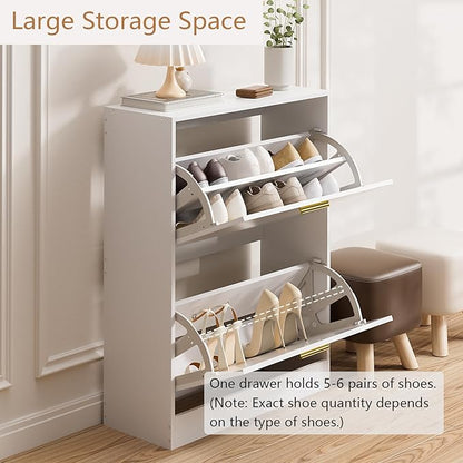 LYNSOM Shoe Cabinet, Free Standing Tipping Bucket Shoe Rack Organizer with 2 Flip Drawers, Modern Entryway Shoe Storage with Top Display, Narrow Slim Hidden Shoe Cabinet (White)