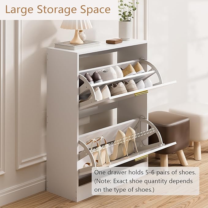 LYNSOM Shoe Cabinet Set of 2, Free Standing Tipping Bucket Shoe Rack Organizer with 2 Flip Drawers, Modern Entryway Shoe Storage with Top Display, Narrow Slim Hidden Shoe Cabinet (White)