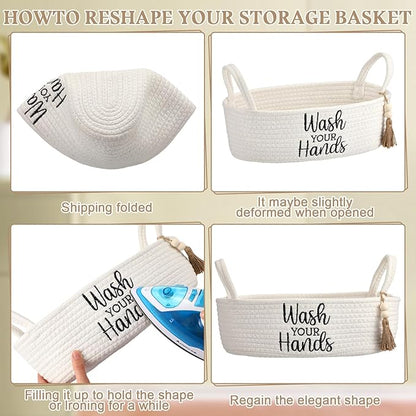 Wash Your Hands Bathroom Decoration Beige Cotton Rope Toilet Basket Toilet Paper Holder Basket Rustic Bathroom Organizer Farmhouse Home Decoration Organizing Small Baskets