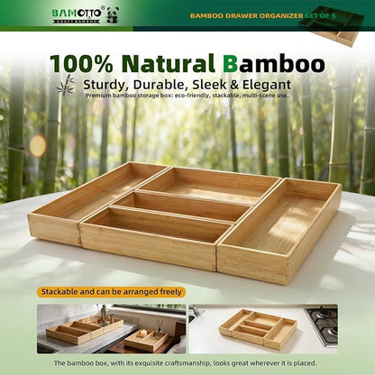 BAMOTTO CRAFTBAMBOO Stack Bamboo Drawer Organizer Set of 5, Kitchen Utensil, Flatware&Silverware Organizer-Wood Laminated Stackable for Kitchen, Bedroom, 13.4''x4.5''*2+10.2''x3.3''*2+10.2''x6.7''*1