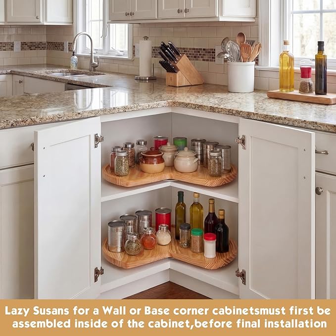 Leinuosen 2 Pcs 24in/28in/32in Banded Pine Wood Full Kidney Shaped Lazy Susan for Corner Base Cabinets with Iron Swivel Bearing for Kitchen Turntables, Not Include Metal Rod(24 Inch,Wood Color)