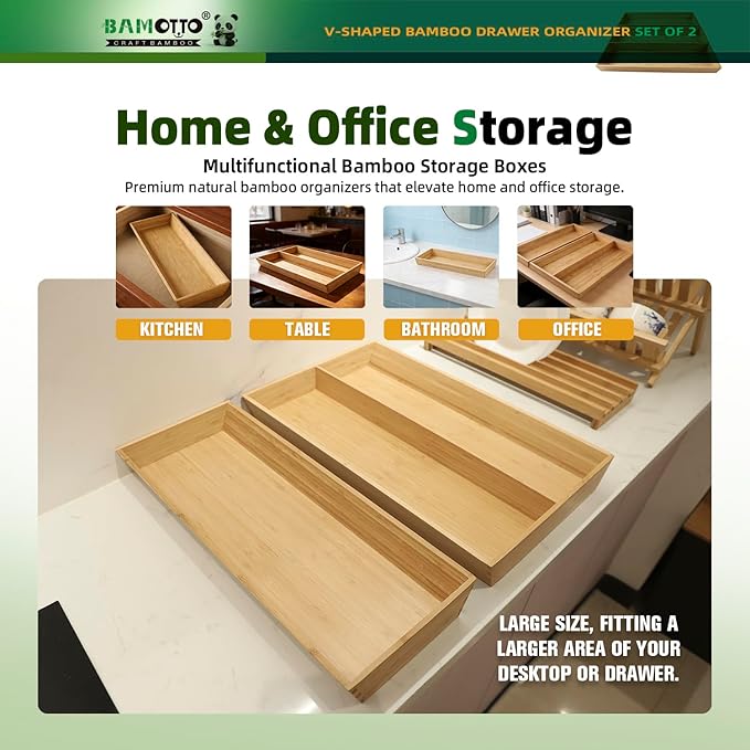 BAMOTTO CRAFTBAMBOO V-Shaped 2-Pack 19.6" Long Bamboo Drawer Organizer Box - Easy Reach Kitchen Utensil Flatware Silverware Cooking Tools Storage for Home Bedroom Bathroom (19.6"x12.4"/19.6"x7.8")