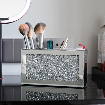 Silver Makeup Brush Holder Organizer, Bling 3 Slot Crushed Diamond Crystal Mirrored Cosmetic Brushes Storage, Eyeliners Eyebrow Pencil Display Case