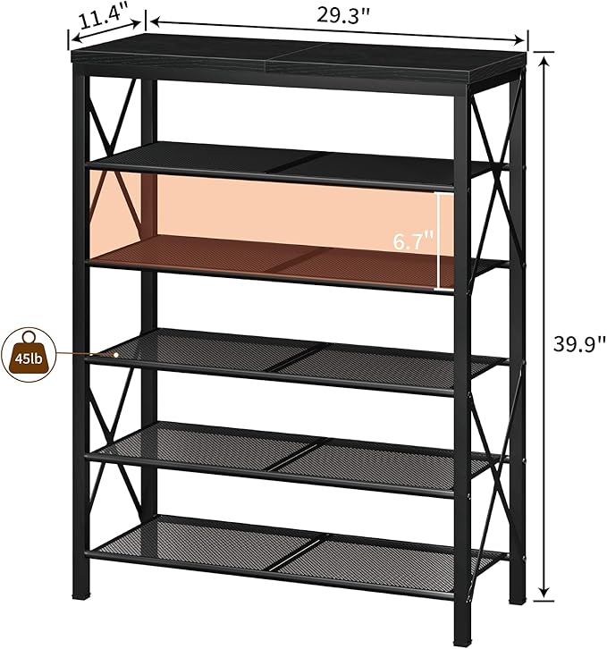 Shoe Rack for Entryway, 6 Tier Shoe Organizer with Mesh Shelves, Metal Shoe Storage for Closet Garage, Black