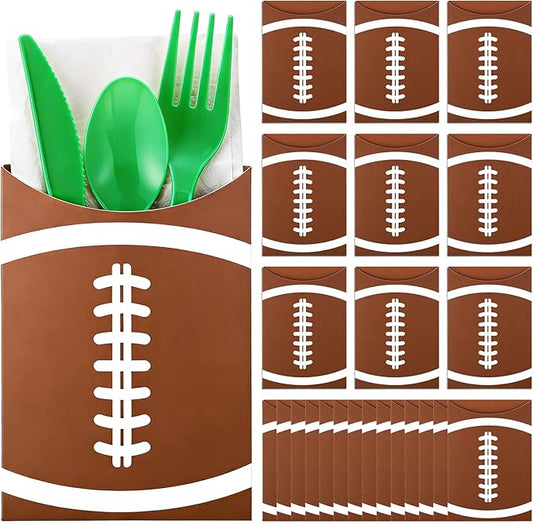 Tinlade 24 Pcs Football Utensil Holder Paper Silverware Sleeves, 3.54 x 5.12 Inch Disposable Cutlery Holders, Utensil Bags for Football Party Supplies, Sports Event, Birthday, Kitchen Decorations