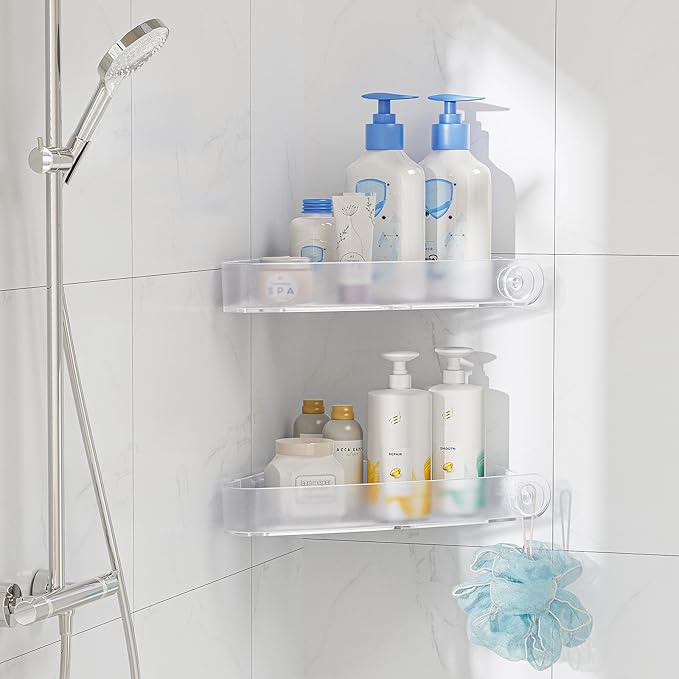 Sotfamily Plastic Shower Caddy Corner (for 90° Only), 2 Pack Adhesive Corner Shower Shelves for Bathroom Organizers and Storage, Frosted Clear
