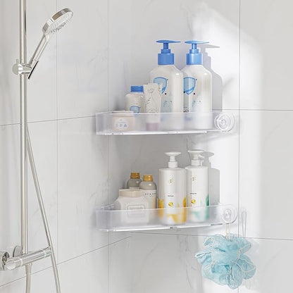 Sotfamily Plastic Shower Caddy Corner (for 90° Only), 2 Pack Adhesive Corner Shower Shelves for Bathroom Organizers and Storage, Frosted Clear