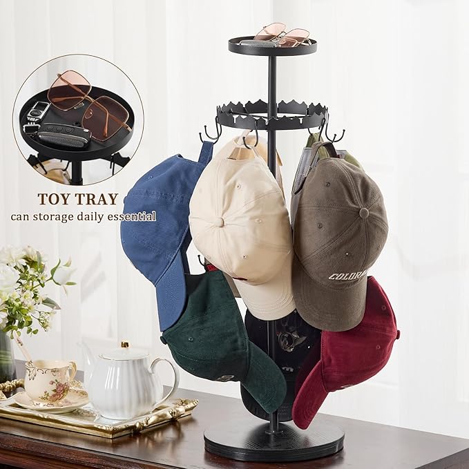 Rotating Hat Organizer for Baseball Caps, 3-Tier Merchandise Display & Tabletop Hat Organizer with Tray Holds 40+ Caps,Hat Stand for Vendor & Home Use in Bedroom, Closet, Dresser, Office