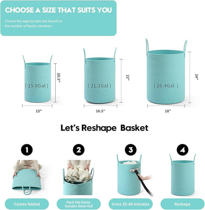 Laundry Basket Hamper Tall Rope Storage Woven for Blanket toys Dirty Clothes in Living Room Bathroom Bedroom (Cyan, 100L/26.4Gal)