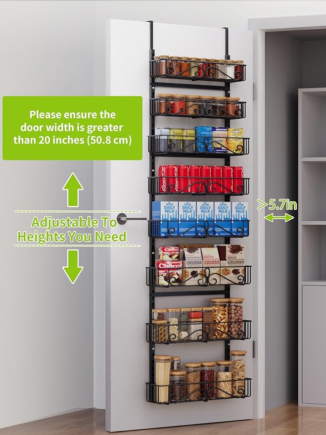 Over the Door Pantry Organizer, 8-Tier Adjustable Metal Hanging Storage Rack, Heavy Duty Door Mount Organizer for Kitchen Pantry Laundry Room Bathroom, Black
