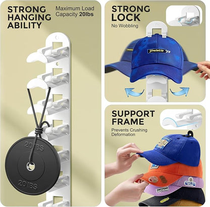 2 Pack Hat Organizer for Baseball Caps, Hat Rack for Wall Hold Up to 20 Hats, Hat Holder with Strong Adhesive and Screws, Hat Organizer Wall Mounted Hat Hanger Display for Door Closet Bedroom(B-White)