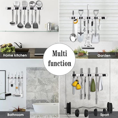 2 Pack Mop and Broom Holder Wall Mount, 5 Racks and 4 Hooks Broom Organizer Storage Tool Racks Stainless Steel Heavy Duty Hooks Self Adhesive Solid Non-slip for Home Kitchen Garden Laundry Garage