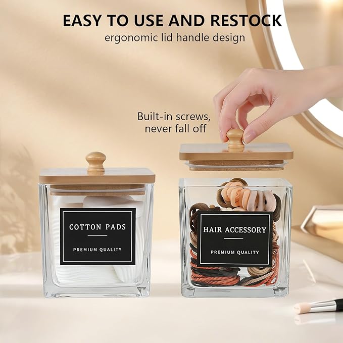 eggs sound 2 Pack Qtip Holder Dispenser for Bathroom, Thick Glass Apothecary Jars, Bathroom Organizer Containers for Cotton Balls, Swabs, Pads, Floss Picks, Canisters with Bamboo Lids