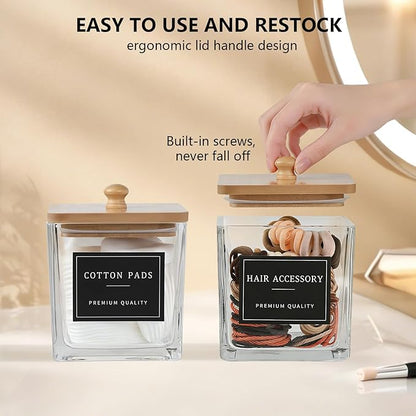 eggs sound 2 Pack Qtip Holder Dispenser for Bathroom, Thick Glass Apothecary Jars, Bathroom Organizer Containers for Cotton Balls, Swabs, Pads, Floss Picks, Canisters with Bamboo Lids