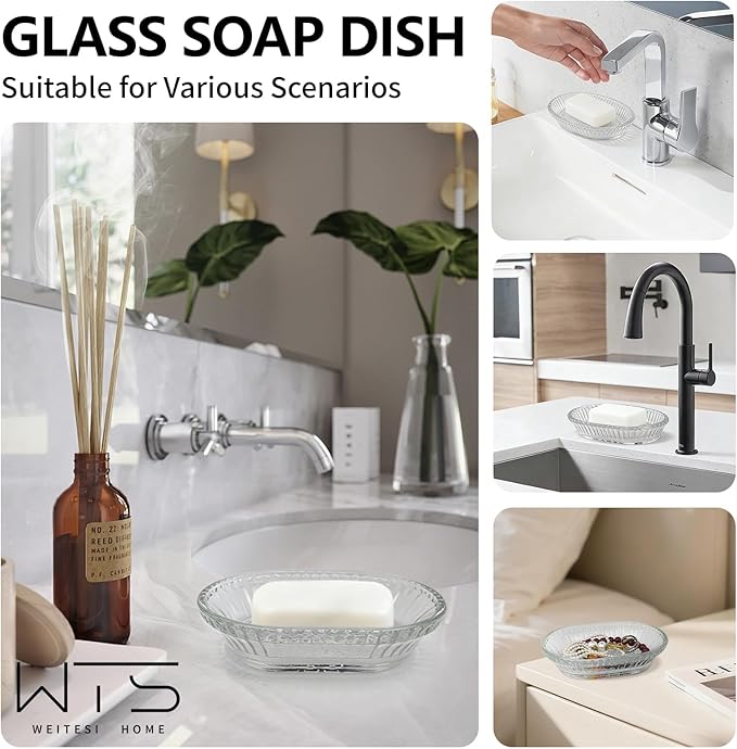 Clear Glass Soap Dish for Cleaner Shower, Oval Bar Soap Holder with Embossed Raised Sides for Bathroom Sink and Kitchen