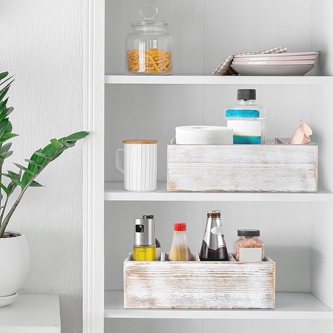 DRASTAR Pantry Organization and Storage Bins, Seasoning Packet Organizer with Removable Dividers,Wooden Storage Caddy for Kitchen, Pantry, Cabinet, Countertop， Whitewashed