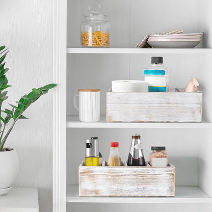 DRASTAR Pantry Organization and Storage Bins, Seasoning Packet Organizer with Removable Dividers,Wooden Storage Caddy for Kitchen, Pantry, Cabinet, Countertop， Whitewashed
