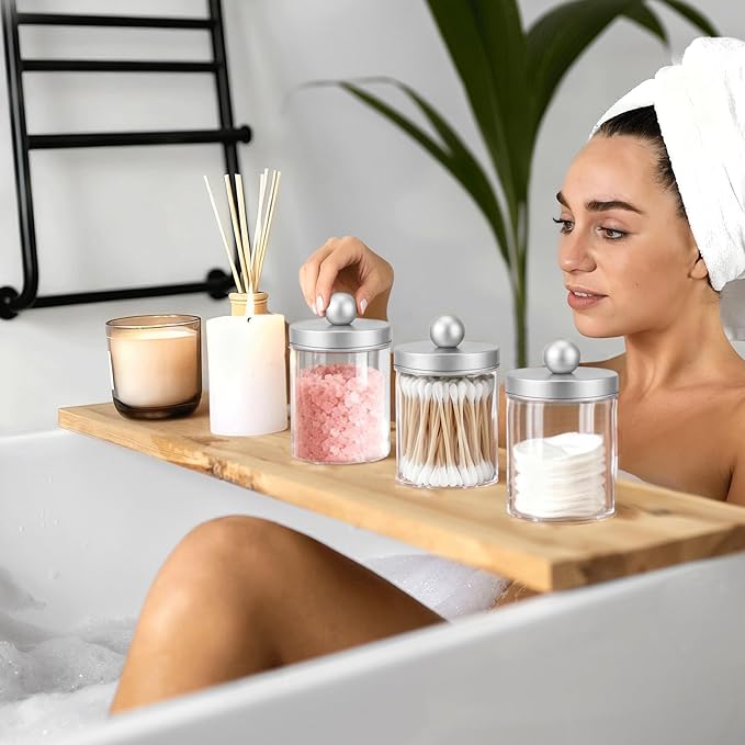 3 Pcs Qtip Holder,Clear Apothecary Jars with Wooden Tray for Cotton Balls,Swabs,Farmhouse Decor Bathroom Vanity Organizers Accessories for Makeup Brushes,Lipstick Storage (Silver)
