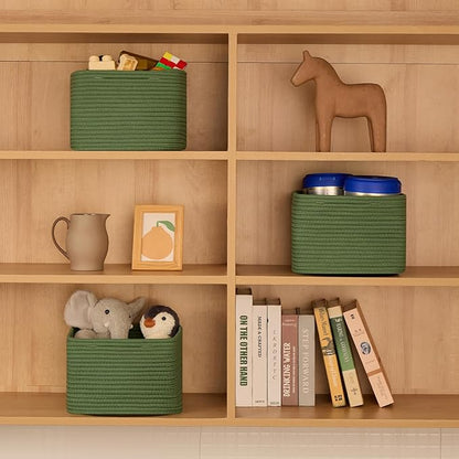 MiniArk Small Organizing Baskets for Cubes Shelf, 9.7x9.7x7.1 Inch Rope Woven Storage Bins for Nursery Shelves Storage, Cute Toy Basket, Square 3 Packs Green