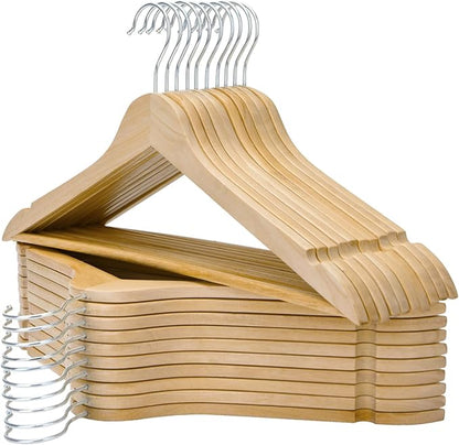 FairyHaus Wood Hangers 30 Pack, Smooth Finish Wooden Coat Suit Hangers with 360° Swivel Hook and Notches, Lightweight Natural Wood Clothes Hangers with Pants Bar