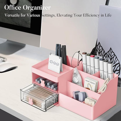 Makeup Organizer, Cosmetic Desk Storage Box with Drawers Skincare Organizers for Dressing Table, Countertop, Bathroom Counter, Vanity Holder for Brushes, Lotions, Lipstick, Perfume (Pink-Clear)
