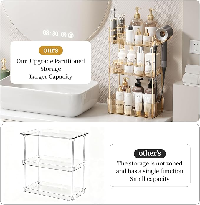 Bathroom Counter Organizer for Vanity, Makeup Organizer Countertop with Holder, Large Capacity Storage Rack, Perfect Large Skincare, Hair Care, Perfume, Easy to Install (Gold, 3Tiers)