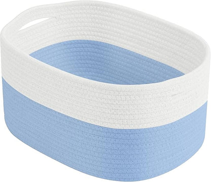 ECDYQXVU Cotton Rope Storage Basket, 15x10x9 Inches, Woven Basket for Shelves, Clothes, Towels, Books, and Laundry, White Blue (1 Pack)