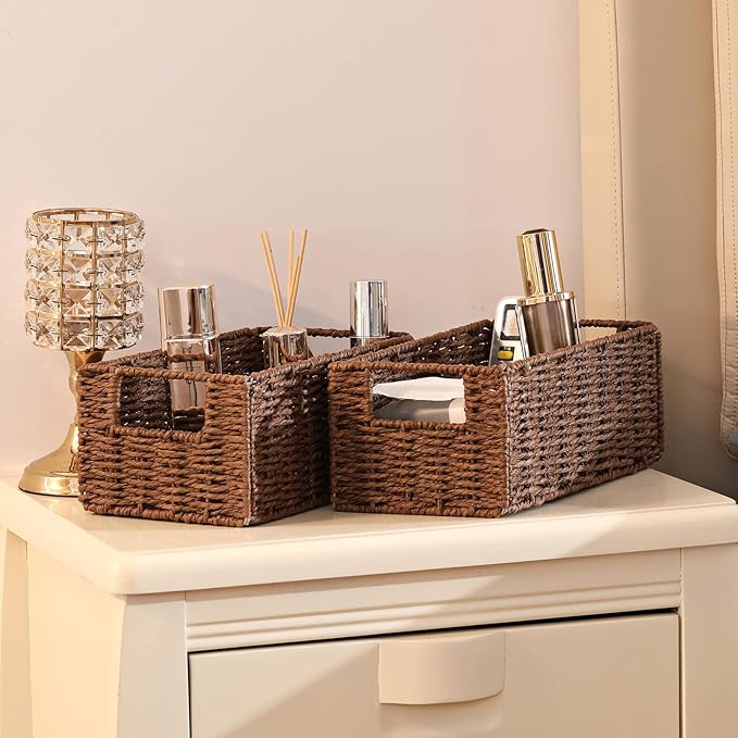 Vagusicc Wicker Storage Basket, Set of 2 Hand-Woven Paper Rope Wicker Basket, Small Storage Baskets for Organizing Toilet Paper, Foldable Large Cube Storage Organizer Bins for Shelves (Brown)