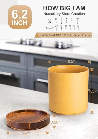 Nucookery 360°Rotating Utensil Holder, 7.2" Large Utensil Crock, White Ceramic Cooking Utensil Organizer,Farmhouse Kitchen Decor Christmas Thanksgiving Gift (Yellow Sand)