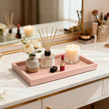 Pure Natural Marble Tray for Bathroom, Dresser, Sink. Cosmetics, toiletries, perfumes, Jewelry, Candles, etc. can be Placed (Cherry Blossom Pink, 12" x 8" x 1.2")
