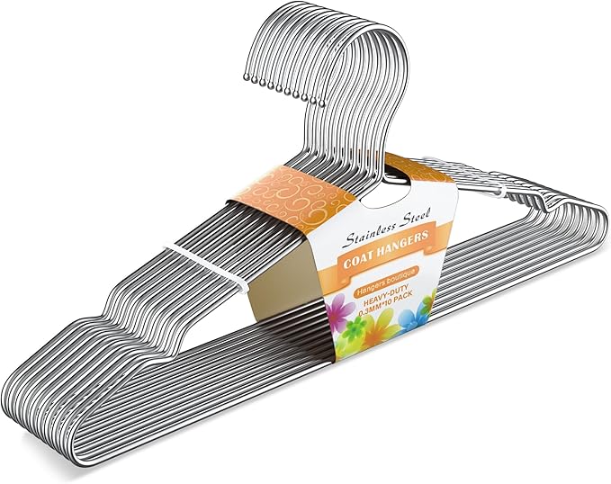 Vakoo Coat Hanger, 10 Pack Metal Wire Hangers for Clothes, Stainless Steel, Heavy Duty, Ultra Thin, Space Saving, 16.5 Inch