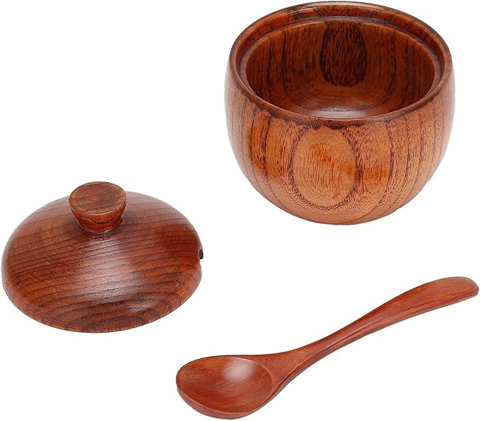 Wood Salt Cellar with Lid and Spoon, Wood Salt Container Box Small Spice Containers for Storing Seasonings, 3.5x2.4 Inches