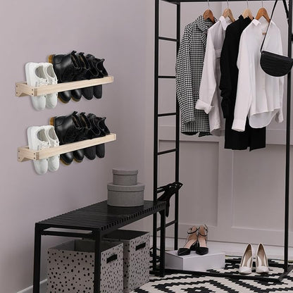 Wenqik 2 Pcs Wall Mounted Wooden Shoe Rack 30 Inch Rustic Wood Wall Hanging Shoe Rack Space Saving Footwear Holder Shoes Storage Organizer for Mudroom, Entryway, Closet (Wood Color)