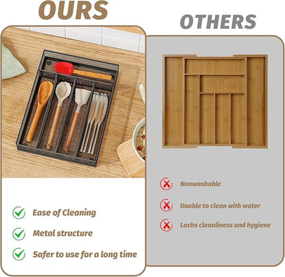 Sedegn Silverware Organizer Metal Mesh, Small Drawer Organizer, Utensil Cutlery Tray for kitchen drawers, Flatware Organizer with 5 Compartment, Black(9.3"*12.6")