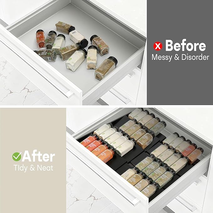 Bamboo Spice Drawer Organizer, (Need 3.1” Deep Drawer) Expandable 4 Tier Spice Rack for Cabinet (From 12" to 23" Wide), Seasoning Storage Insert, Spice Organizer for Drawer,Jars Not Included