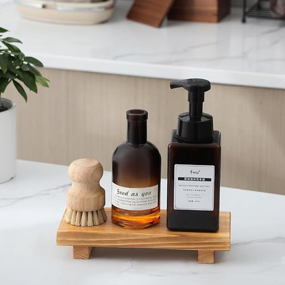 Bathroom Counter Organizer Wood Pedestal Stand Farmhouse Decorative Tray Soap Holder for Kitchen Decor, Small, Brown