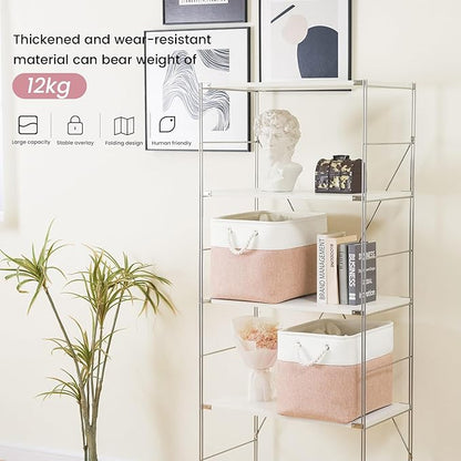 Large Storage Baskets- 16x12x12 inch Storage Bins for Shelves and Closet Organizing, Foldable Fabric Bin for Home Organization Clothes and Laundry (3-Pack, White&Pink)