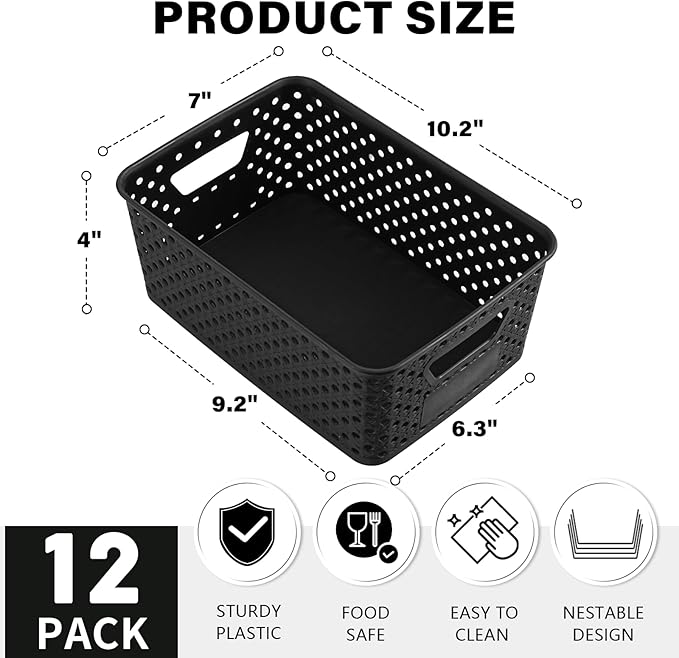 12 Pack Plastic Storage Baskets for Organizing, Storage Baskets for Shelves with Handles, Small Storage Bins with Labels, Organizer Baskets for Cabinet,Closet, Office,Black