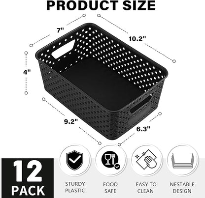 12 Pack Plastic Storage Baskets for Organizing, Storage Baskets for Shelves with Handles, Small Storage Bins with Labels, Organizer Baskets for Cabinet,Closet, Office,Black