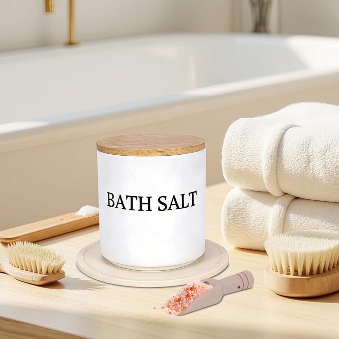 29oz Airtight Ceramic Bath Salt Jar Set - with Wooden Lid, Scoop & Anti-Slip Mat, Opaque Bathroom Storage Organization for Epsom Salt, Spa & Bath Bombs, White-S