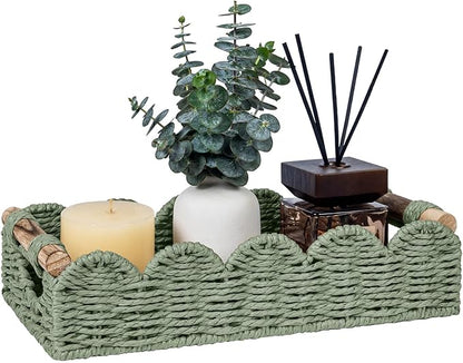 CubesLand Bathroom Basket Organizer w/Cut Out Handle, Back of Toilet Paper Storage Baskets for Bathroom Countertop Decorative, Small Scalloped Wicker Basket Also for Home Decor, Living Room, Green