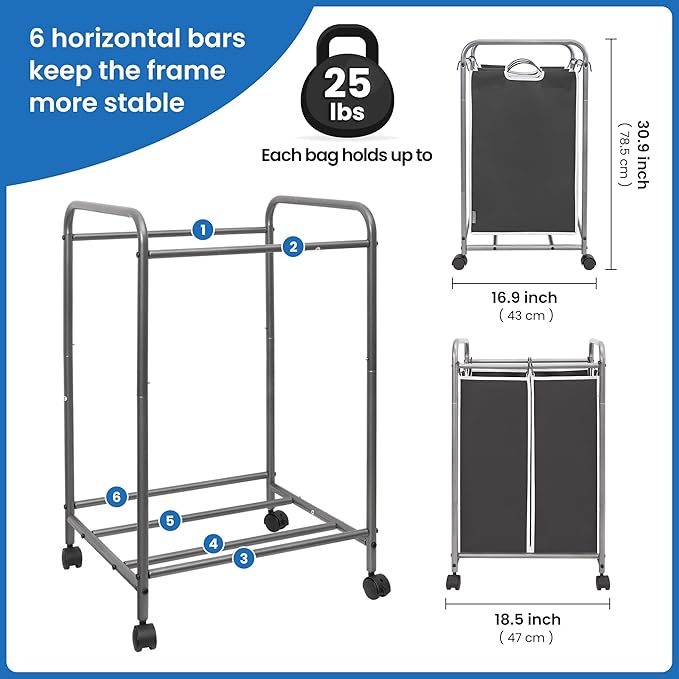 STORAGE MANIAC Laundry Sorter 2 Section, 90 L Gal Laundry Hamper with Wheels, Clothes Basket Separator Sorter, 2 Bag Clothes Cart with Wheels and Removable Bags for Closet, Dorm, Collage, Black
