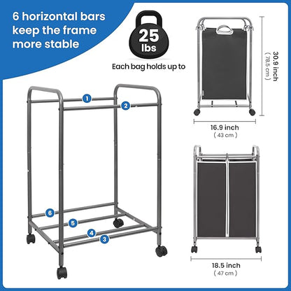 STORAGE MANIAC Laundry Sorter 2 Section, 90 L Gal Laundry Hamper with Wheels, Clothes Basket Separator Sorter, 2 Bag Clothes Cart with Wheels and Removable Bags for Closet, Dorm, Collage, Black