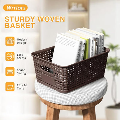 Brown Plastic Storage Baskets - Pack of 8 with Labels Stackable Durable Storage Bins, Storage Containers for Organizing Desktops, Closets, Playrooms, Classrooms, Offices