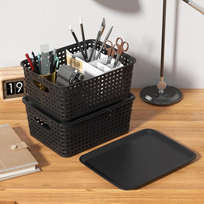 Set of 6 Plastic Lidded Storage Shelf Baskets, Stackable Storage Basket with Lid, Black