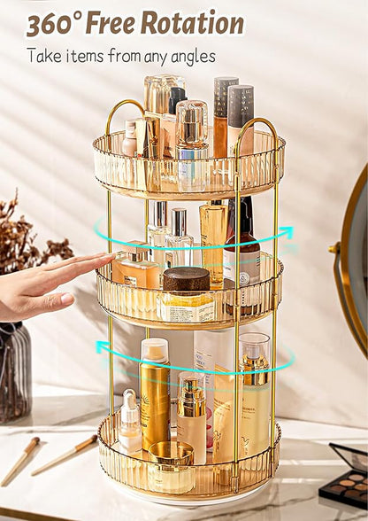 Skincare Organizers 360 Rotating, 3 Tier Round Makeup Organizer Countertop,Holder Rack Large Spinning Cosmetics Display Cases, Perfume Beauty Storage for Vanity, Countertop, Bathroom (Gold-3 Tier)