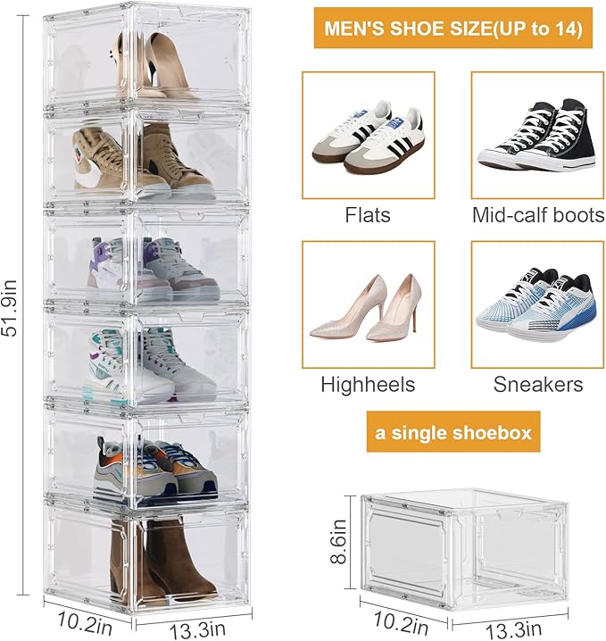 Shoe Box,Set of 6,Stackable Plastic Clear Shoe Box Organizer with Magnetic Door,Shoe Storage Box Thicken Sturdy,Easy Assembly,Fit up to US Size(Front opening door, Clear)