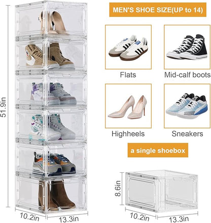 Shoe Box,Set of 6,Stackable Plastic Clear Shoe Box Organizer with Magnetic Door,Shoe Storage Box Thicken Sturdy,Easy Assembly,Fit up to US Size(Front opening door, Clear)